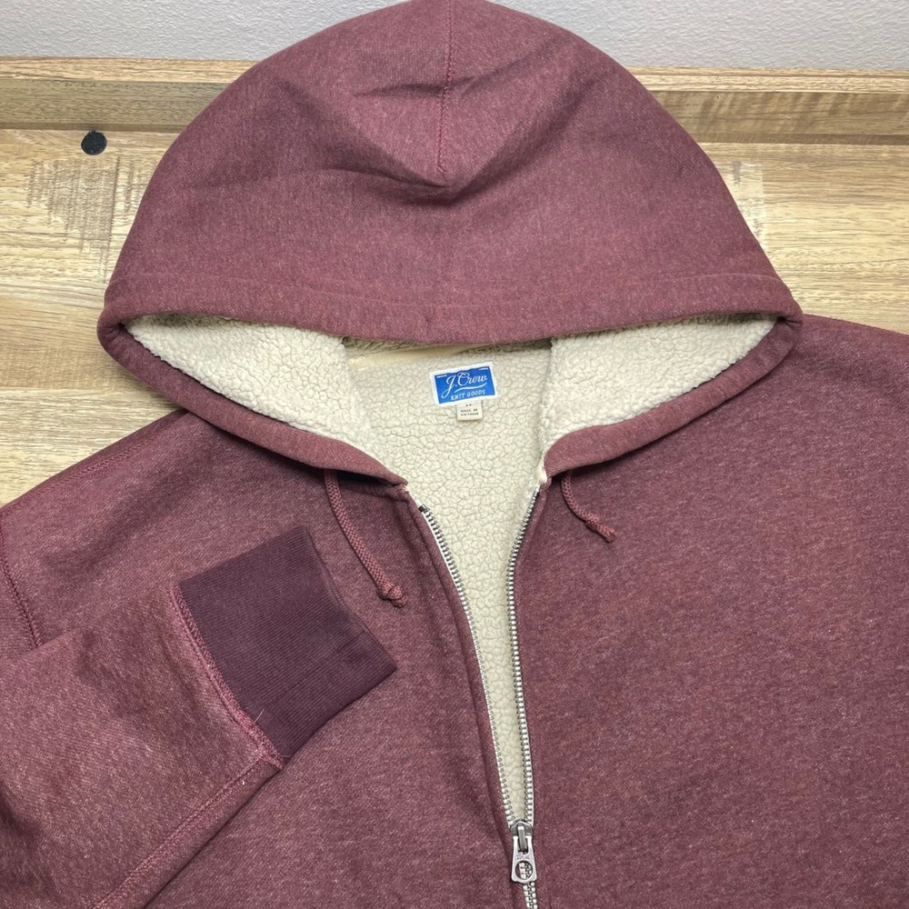 J.Crew Heavy Sherpa Lined Full Zip Hoodie Heathered Burgundy Mens Medium Pockets